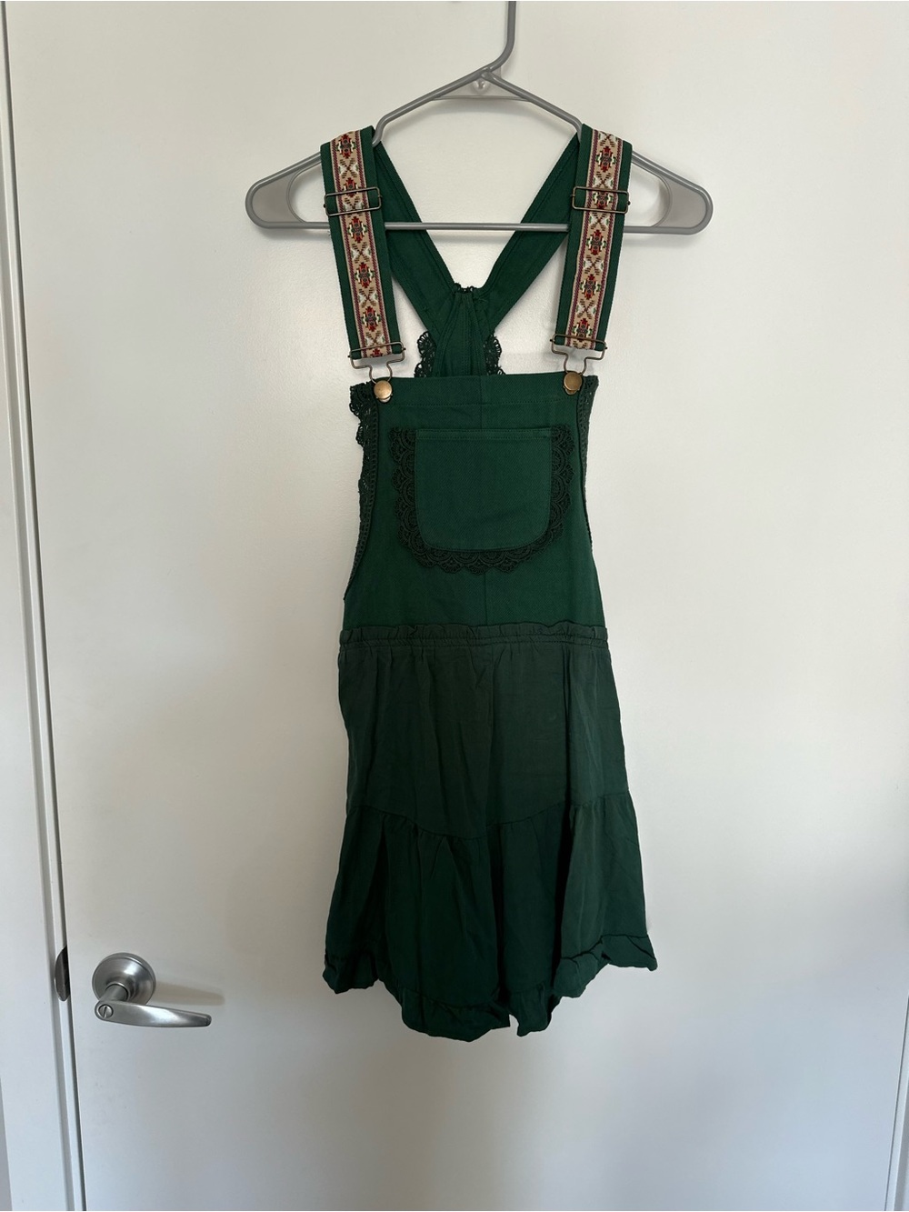 eesome Dark Green Embroidered-Strap Pinafore Romper